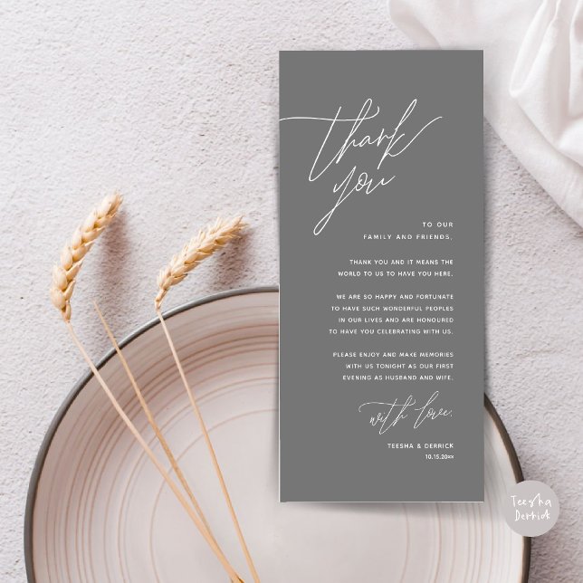 Cartões de agradecimentos de Configuração de Local (Romantic Minimalist Wedding Dinner Place Setting Thank You Card, in Summer Dark Grey)