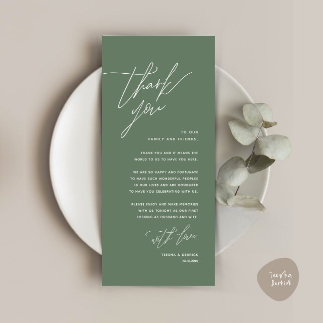 Cartões de agradecimentos de Configuração de Local (Romantic Minimalist Wedding Dinner Place Setting Thank You Card, in Forest Sage Green summer)