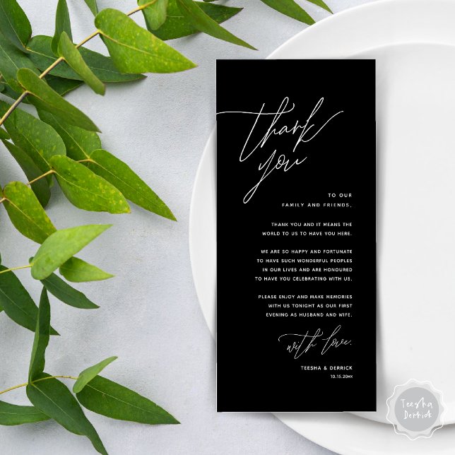 Cartões de agradecimentos de Configuração de Local (Romantic Minimalist Wedding Dinner Place Setting Thank You Card, in Classy Black)