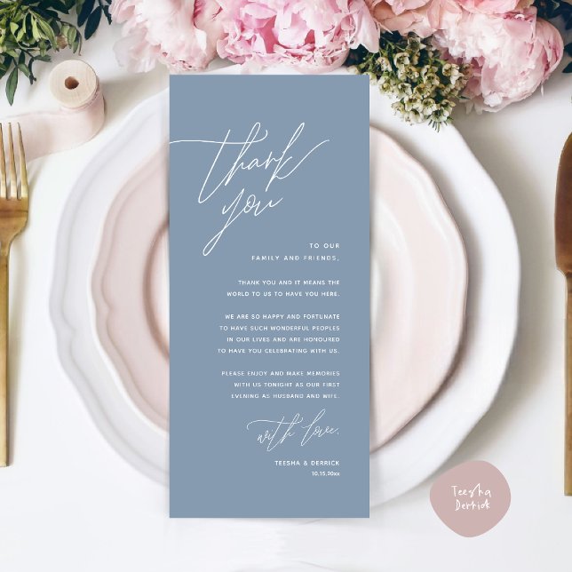 Cartões de agradecimentos de Configuração de Local (Romantic Minimalist Wedding Dinner Place Setting Thank You Card, in Summer Autumn Spring Dusty Blue)