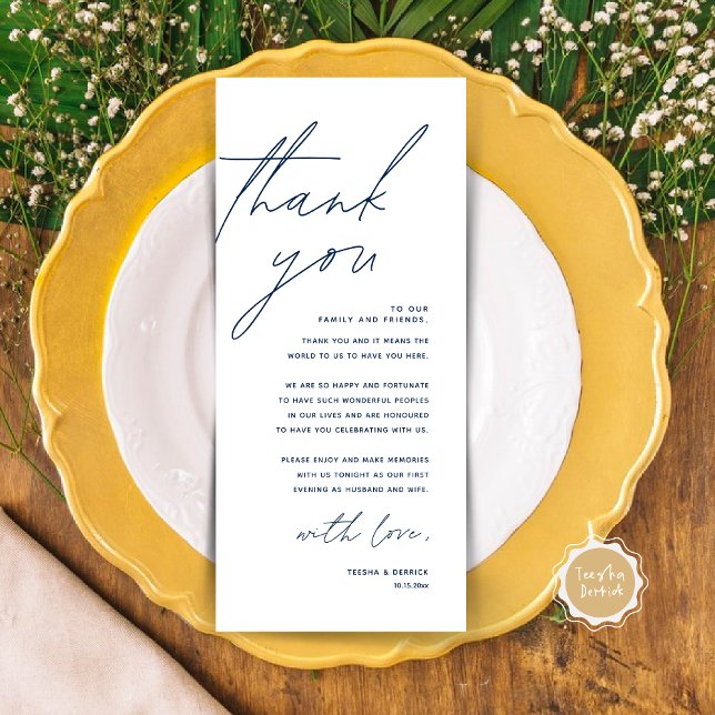 Cartões de agradecimentos de Configuração de Local (Modern Wedding Dinner Place Setting Thank You Card in Classy Navy Blue)