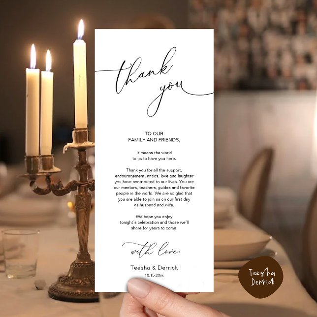 Cartões de agradecimentos de Configuração de Local (Modern Romantic Wedding Place Setting Thank You Card for Dinner Brunch Lunch Party  in White Black)
