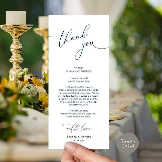 Cartões de agradecimentos de Configuração de Local (Romantic Wedding Dinner Lunch Brunch Party Place Setting Thank You Card in Classy Navy Blue)