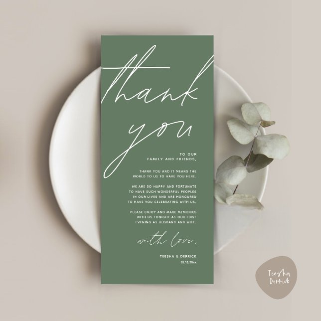 Cartões de agradecimentos de Configuração de Local (Wedding Place Setting Thank You Card, Modern Minimalist Clean, Forest Sage Green)