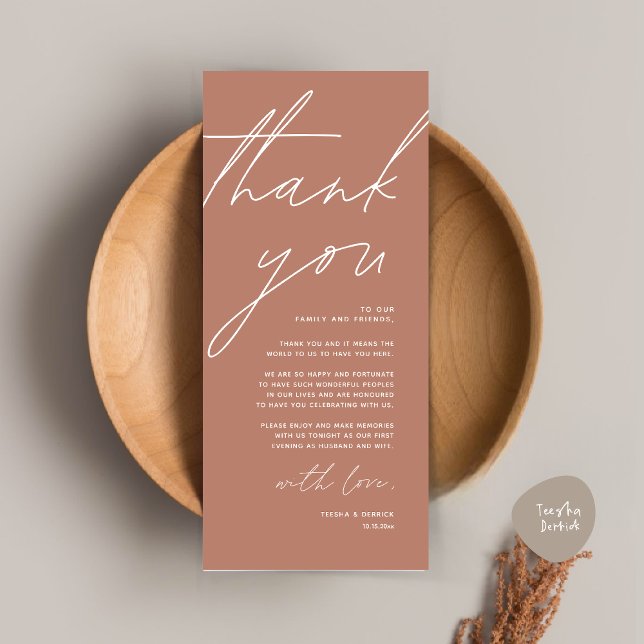 Cartões de agradecimentos de Configuração de Local (Wedding Place Setting Thank You Card, Modern Minimalist Clean, Terracotta Earthy Brown)