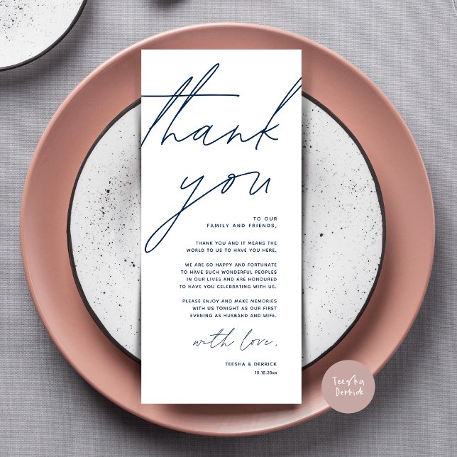Cartões de agradecimentos de Configuração de Local (Wedding Place Setting Thank You Card, Modern Minimalist Clean, Navy Blue)