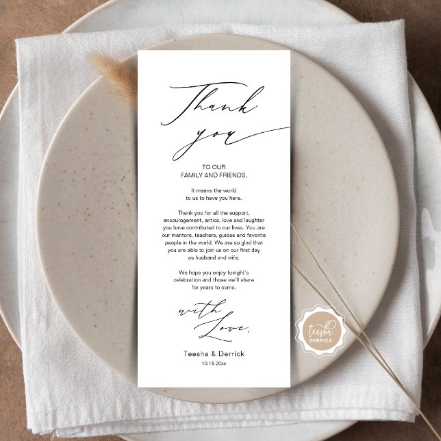 Cartões de agradecimentos de Configuração de Lugar (Wedding Dinner Place Setting Thank You Card, in Modern Gentle Script, Black themed, Plate Decor)