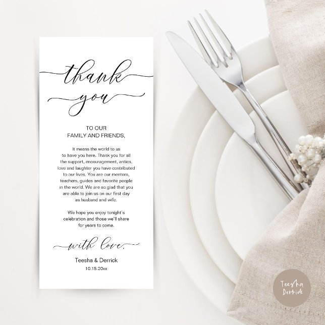 Cartões de agradecimentos de Definição de Local de (Wedding Dinner Place Setting Thank You Card, Modern Minimalist, in Black and White)