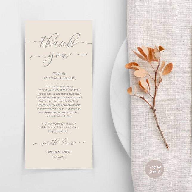 Cartões de agradecimentos de Definição de Local de (Wedding Dinner Place Setting Thank You Card, Modern Minimalist, in Grey and Cream)