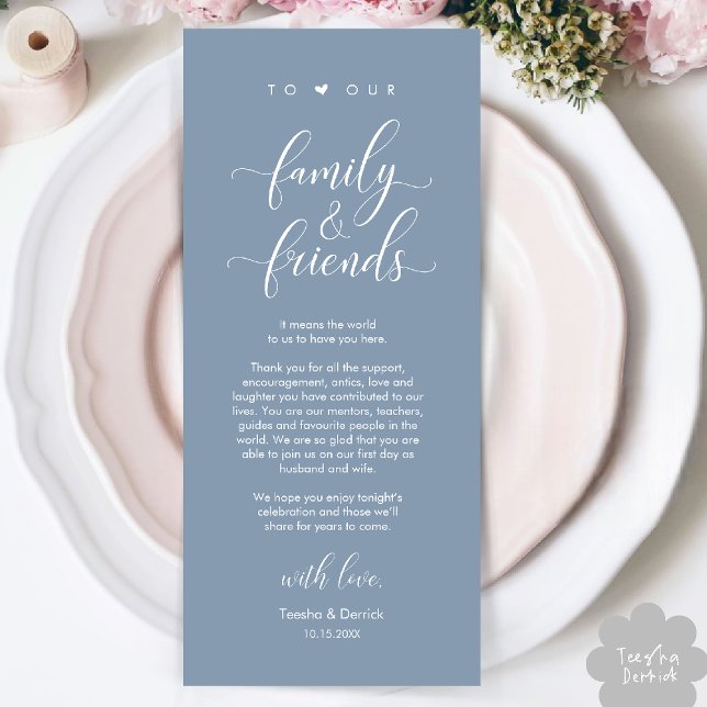 Cartões de agradecimentos de Definição de Local de (Welcome and Thanks, Wedding Dinner Place Setting Thank You Card in Classy Dusty Blue)
