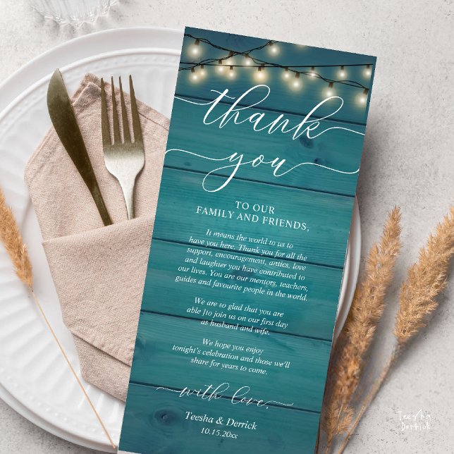 Cartões de agradecimentos de Definição de Local de (Rustic Wedding Dinner Place Setting Thank You Card Reception in Cottage Teal String Lights)