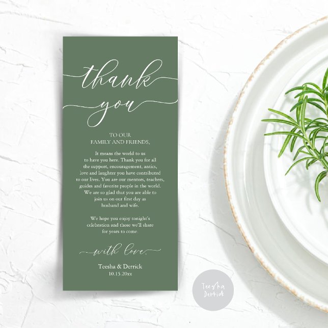 Cartões de agradecimentos de Definição de Local de (Wedding Dinner Place Setting Thank You Card, Plate Decoration, Modern Script, in Sage Green)