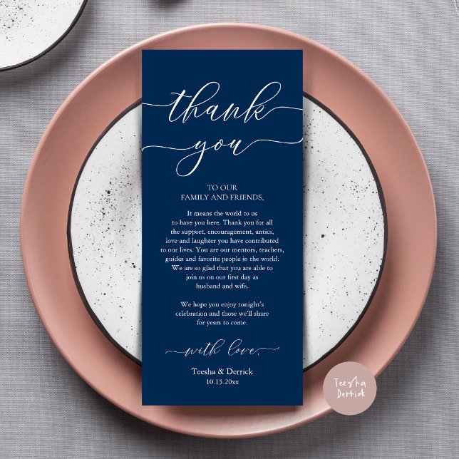 Cartões de agradecimentos de Definição de Local de (Wedding Dinner Place Setting Thank You Card, Plate Decoration, Modern Script, in Navy Blue)