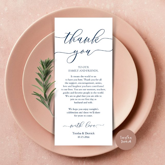Cartões de agradecimentos de Definição de Local de (Wedding Dinner Place Setting Thank You Card, Plate Decoration, Modern Script, in Navy Blue)