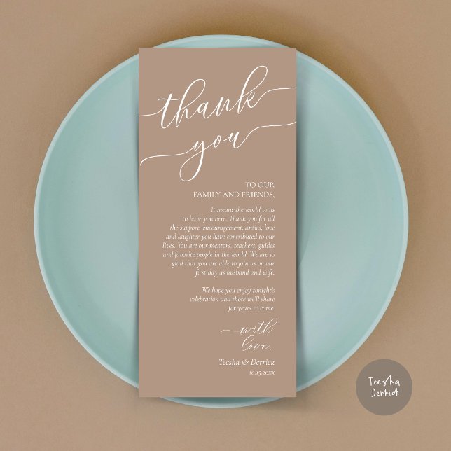 Cartões de agradecimentos de Definição de Local de (Wedding Dinner Place Setting Thank You Card, Modern Romance Design, in Warm Taupe)