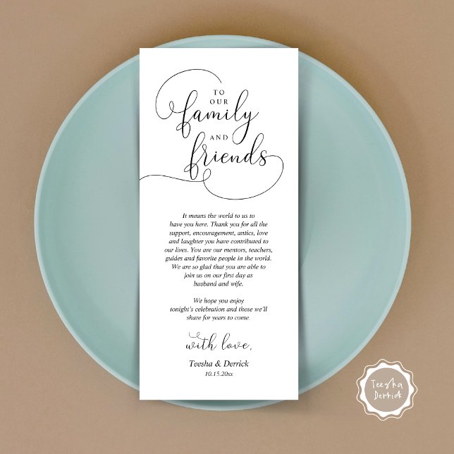 Cartões de agradecimentos de Definição de Local de (To Our Family and Friends, Wedding Dinner Place Setting Thank You Card, Modern, Black and White)