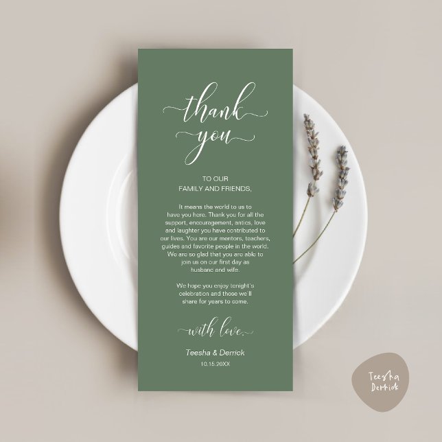 Cartões de agradecimentos de Definição de Local de (Modern Wedding Dinner Place Setting Thank You Card in Classy Forest Sage Green)