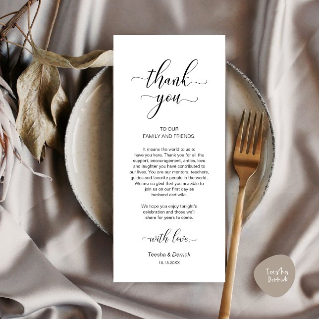 Cartões de agradecimentos de Definição de Local de (Modern Wedding Dinner Place Setting Thank You Card in Classy White Black)