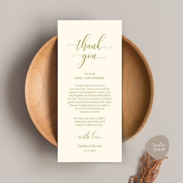 Cartões de agradecimentos de Definição de Local de (Modern Wedding Dinner Place Setting Thank You Card in Classy Yellow Gold
)