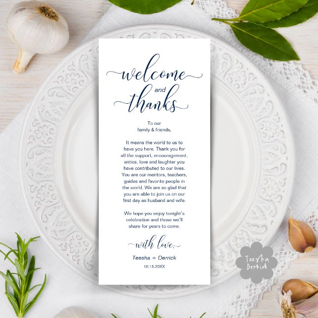 Cartões de agradecimentos de Definição de Local de (Modern Wedding Dinner Brunch Lunch Table Place Setting Thank You Card in Classy Navy Blue)