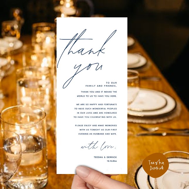 Cartões de agradecimentos de Definição de Local de (Romantic Wedding Dinner Lunch Brunch Party Place Setting Thank You Card in Classy Navy Blue)