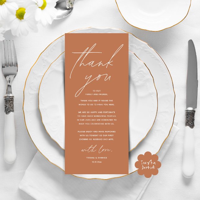 Cartões de agradecimentos de Definição de Local Ja (Modern Wedding Dinner Lunch Brunch Celebration Place Setting Thank You Card in Copper Brown)