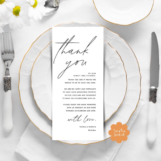 Cartões de agradecimentos de Definição de Local Ja (Modern Wedding Dinner Lunch Brunch Celebration Place Setting Thank You Card in Black White)