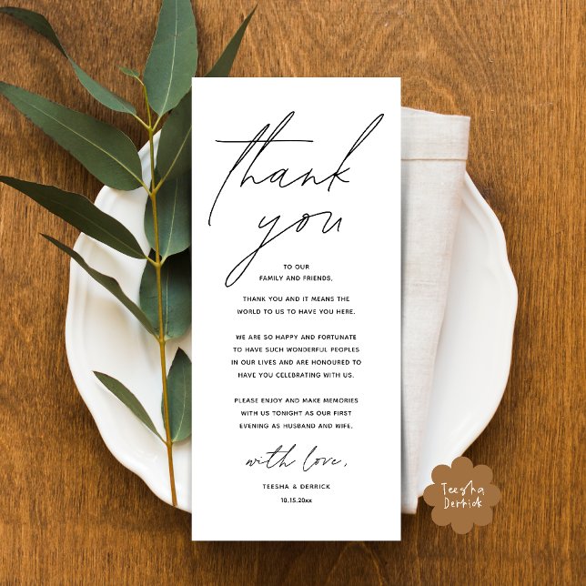 Cartões de agradecimentos de Definição de Local Ja (Modern Wedding Dinner Lunch Brunch Celebration Place Setting Thank You Card in Black White)