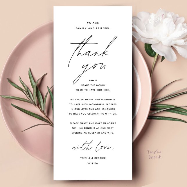 Cartões de agradecimentos de Definição de Local Ja (Modern Wedding Dinner Place Setting Thank You Card Reception Brunch Lunch in Black and White)
