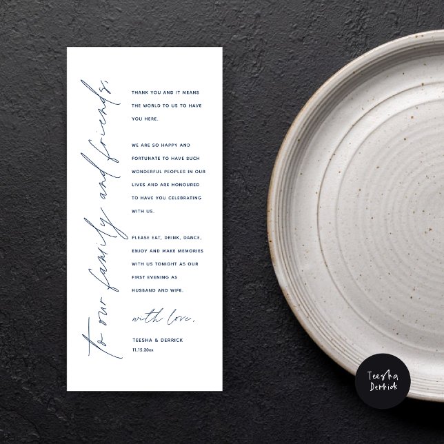 Cartões de agradecimentos de Definição de Local Ja (Wedding Dinner Place Setting Thank You Card, Modern Minimalist Script, in Navy Blue)
