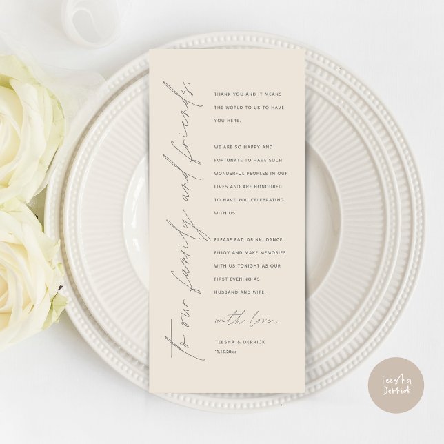 Cartões de agradecimentos de Definição de Local Ja (Wedding Dinner Place Setting Thank You Card, Modern Minimalist Script, in Cream and Grey)