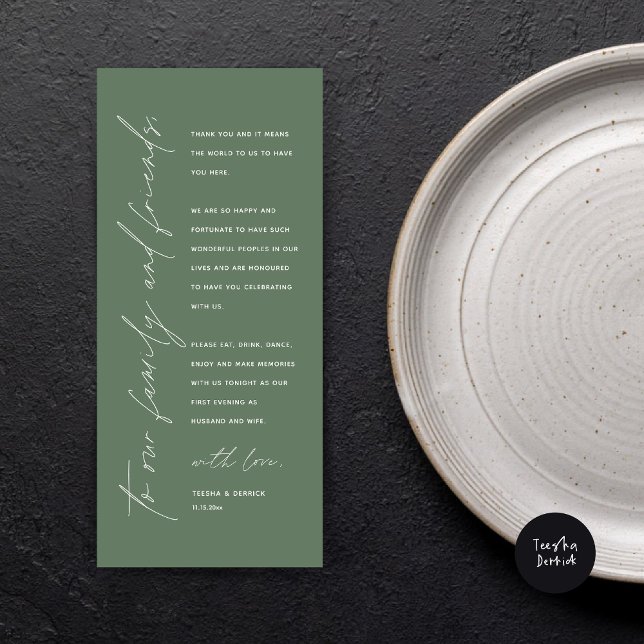 Cartões de agradecimentos de Definição de Local Ja (Wedding Dinner Place Setting Thank You Card, Modern Minimalist Script, in Forest Sage Green)