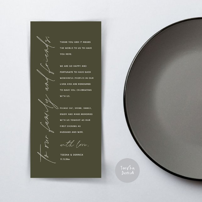 Cartões de agradecimentos de Definição de Local Ja (Wedding Dinner Place Setting Thank You Card, Modern Minimalist Script, in Olive Green)