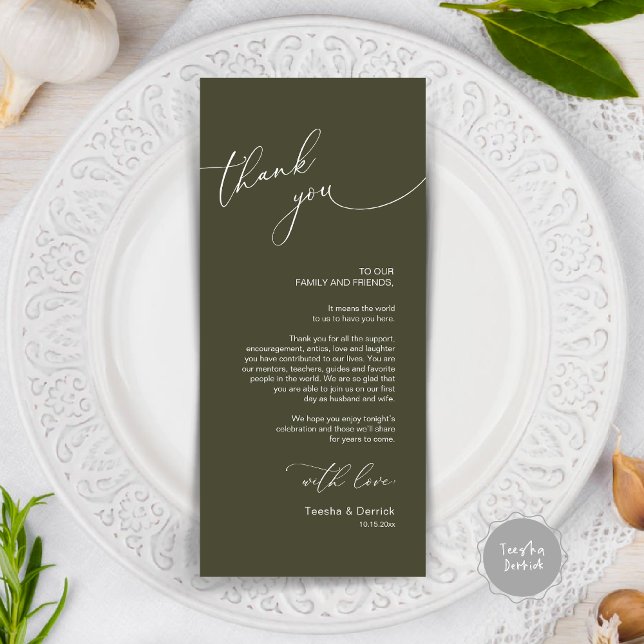 Cartões de agradecimentos de Definição de Local Ja (Modern Wedding Dinner Place Setting Thank You Card, in olive green)