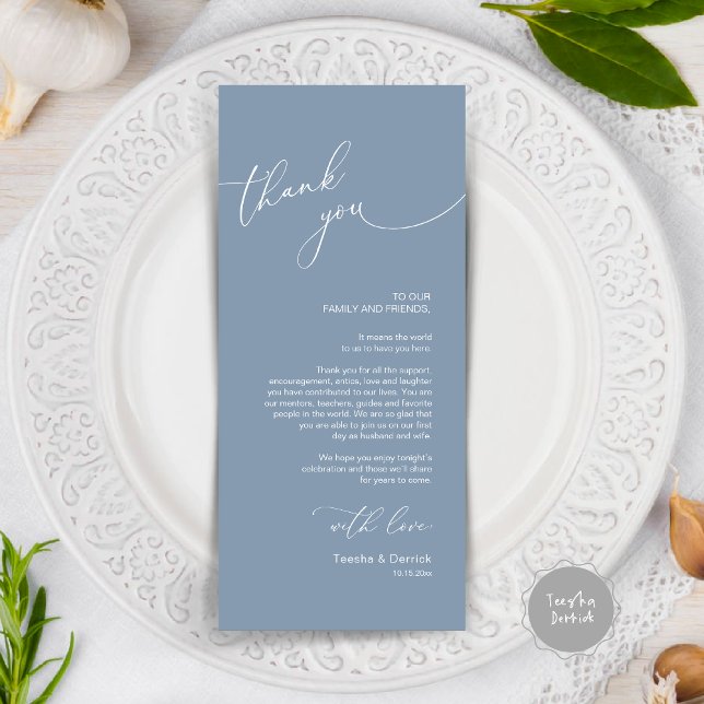 Cartões de agradecimentos de Definição de Local Ja (Modern Wedding Dinner Place Setting Thank You Card, in dusty blue)