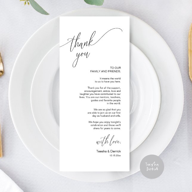Cartões de agradecimentos de Definição de Local Ja (Modern Elegant Wedding Dinner Place Setting Thank You Card, in Black and White)