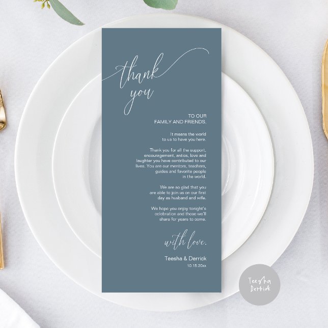 Cartões de agradecimentos de Definição de Local Ja (Modern Elegant Wedding Dinner Place Setting Thank You Card, in Dusty Blue)