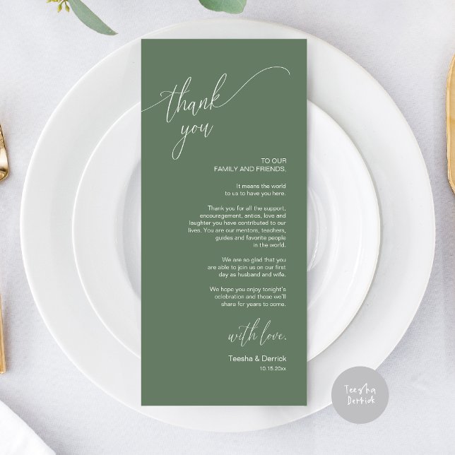Cartões de agradecimentos de Definição de Local Ja (Modern Elegant Wedding Dinner Place Setting Thank You Card, in Forest Sage Green)