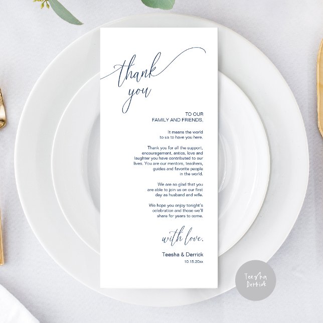Cartões de agradecimentos de Definição de Local Ja (Modern Elegant Wedding Dinner Place Setting Thank You Card, in Navy Blue)
