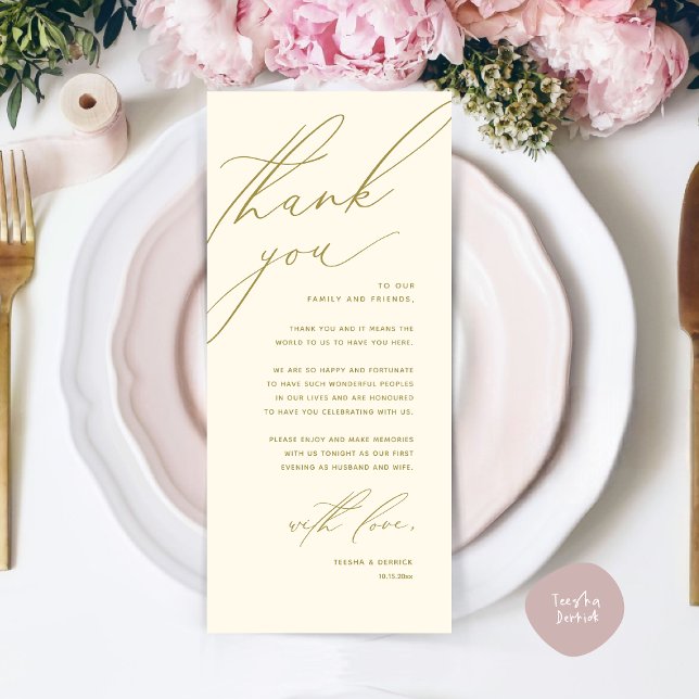 Cartões de agradecimentos de Definição de Local Ja (Modern Wedding Dinner Place Setting Thank You Card, Minimalist Yellow Gold)