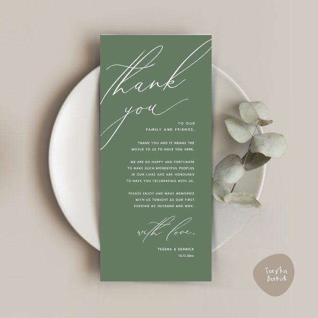Cartões de agradecimentos de Definição de Local Ja (Modern Wedding Dinner Place Setting Thank You Card, Minimalist Forest Sage Green)