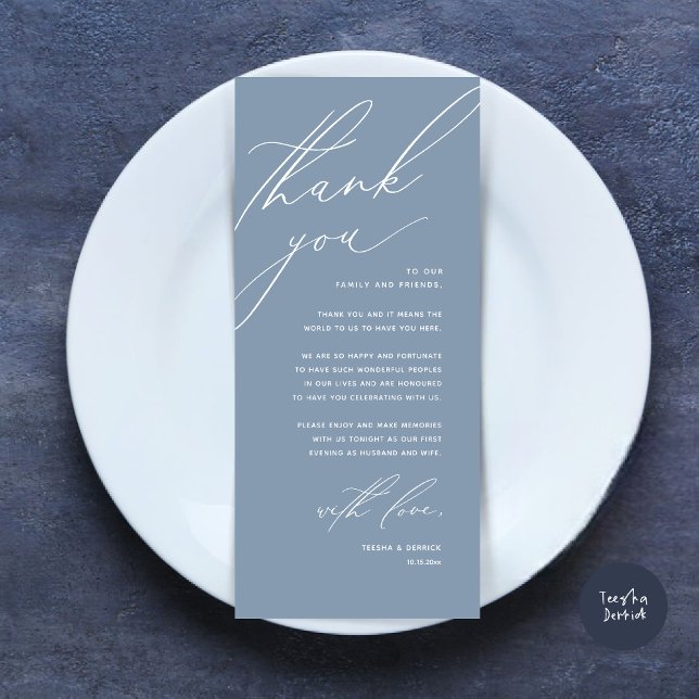 Cartões de agradecimentos de Definição de Local Ja (Modern Wedding Dinner Place Setting Thank You Card, Minimalist Dusty Blue)