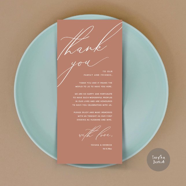 Cartões de agradecimentos de Definição de Local Ja (Modern Wedding Dinner Place Setting Thank You Card, Minimalist Terracotta Earthy Brown)