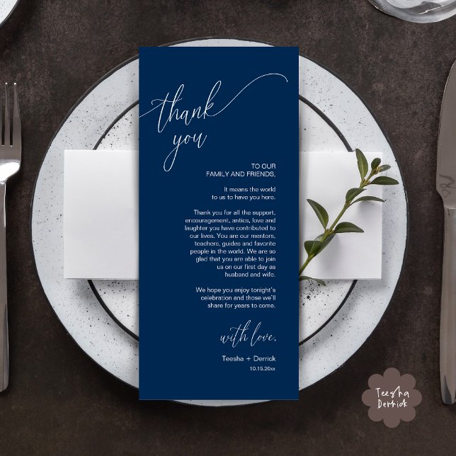 Cartões de agradecimentos de Definição de Local Ja (Modern Wedding Dinner Brunch Place Setting Thank You Card romantic in aesthetic classy navy blue)