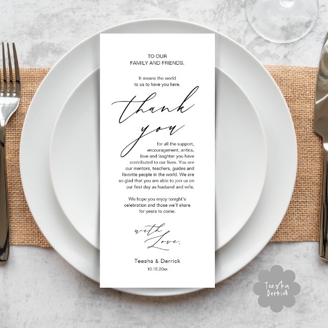 Cartões de agradecimentos de Definição de Local Ja (Modern Minimalist Wedding Dinner Place Setting Thank You Card in Black White)