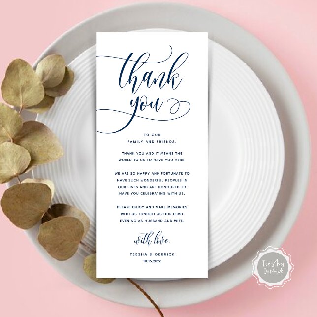 Cartões de agradecimentos de Definição de Local Ja (Wedding Dinner Place Setting Thank You, Welcome and Thanks Card, in Classy Navy Blue)