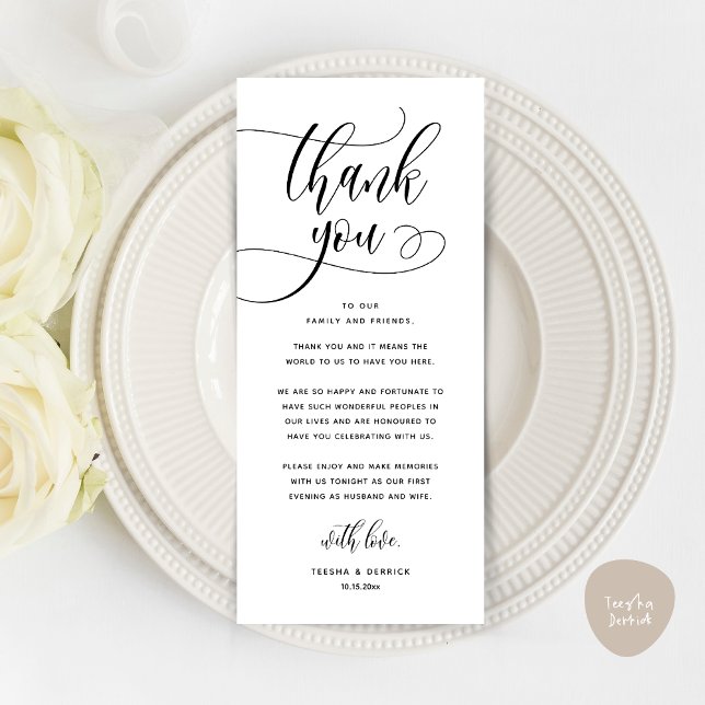 Cartões de agradecimentos de Definição de Local Ja (Wedding Dinner Place Setting Thank You, Welcome and Thanks Card, in Classy White Black)
