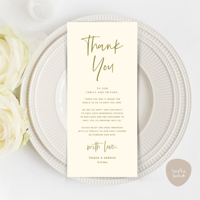 Cartões de agradecimentos de Definição de Local Ja (Welcome and Thanks, Modern Wedding Dinner Brunch Party Place Setting Thank You Card Yellow Gold)