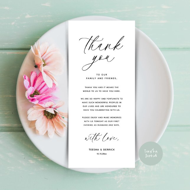 Cartões de agradecimentos de Definição de Local Ja (Wedding Dinner Place Setting Thank You Card Modern Romantic Contemporary White Black)