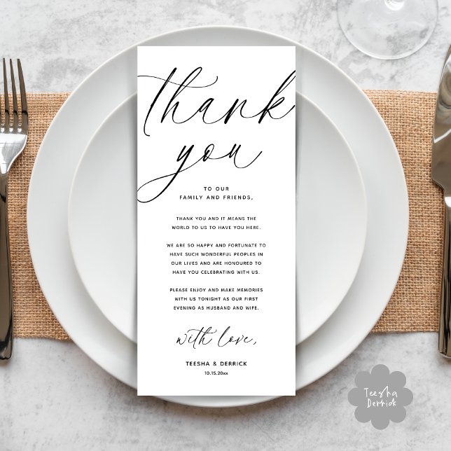 Cartões de agradecimentos de Definição de Local Ja (Wedding Dinner Place Setting Thank You Card Modern Romantic Contemporary White Black)
